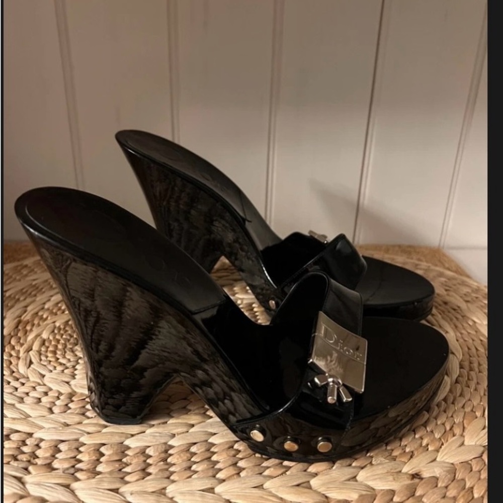 Dior Black Patent Wedge Sandals
